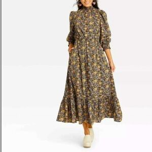 NWT Universal Threads ruffle hi neck balloon Long sleeve floral maxi, size M